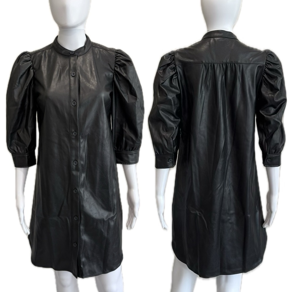 GAP Black Faux Leather Puff Sleeve Shirtdress Size Small Button Front Dress